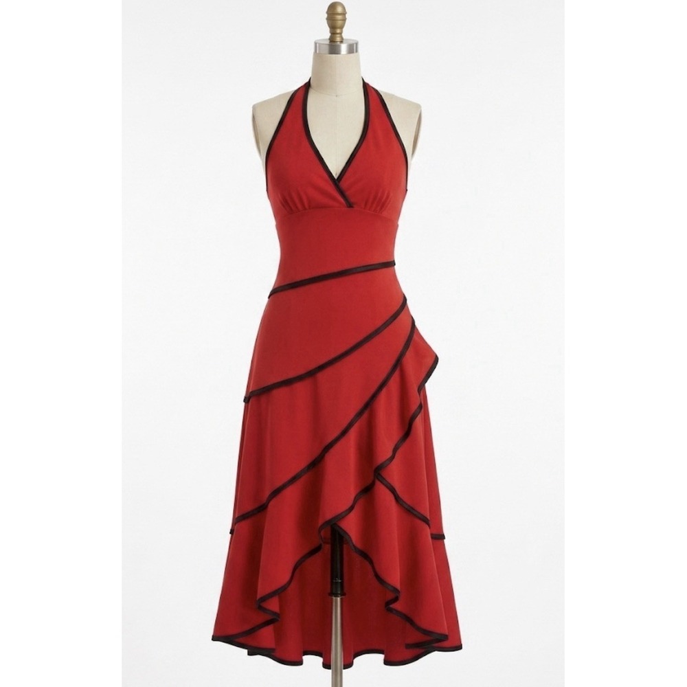 La Belle Vtg Red Black Halter Dress S High Low Tiered Ruffle Retro Lolita Goth